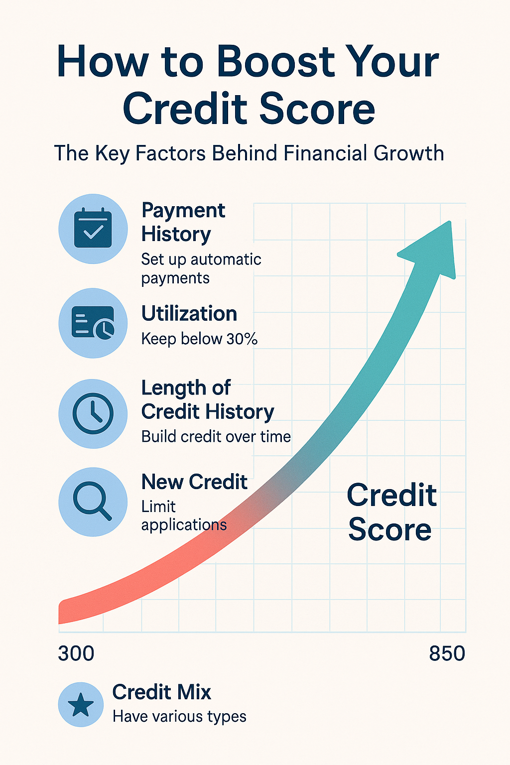 Credit score improvement illustration showing upward trend and factors